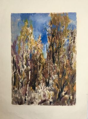 Звонцова Екатерина. Пушкинские Горы. Березы. 1980-е, монотипия темперой, 61,5х44,3 см. 