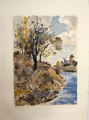 Звонцова Екатерина. Пушкинские Горы. Сороть. 1980-е, монотипия темперой, 61,5х44,3 см. 