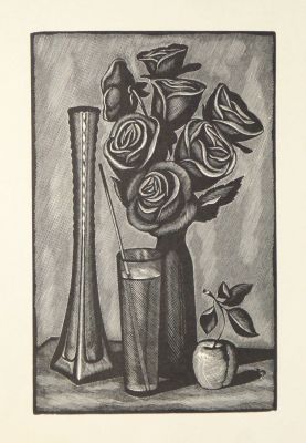 Дурандин Александр. Натюрморт с розами и яблоками. 1980-е гг., бумага, ксилография, 27,5х19,8 