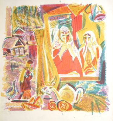 Зиннатова Рамзия. В гостях. 1986 г. Бумага, цветная линогравюра. 41х39 см (оттиск). Работа в 