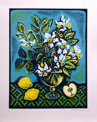 Коковкин Александр. Натюрморт с нарциссами и фруктами. 1970 г. Бумага, цв. линогравюра, 46х36 