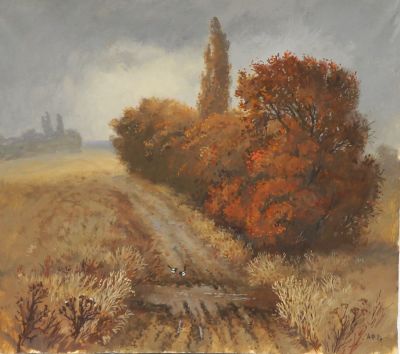 Алексеенко Федор. Осенний день. (Две сороки). 1996 г. Бумага, акрил. 25,3х28,3 см. Работа в 