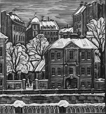 Блинов Валентин. Ленинградский пейзаж. 1980-е гг. Бумага, линогравюра, 17х16 см (размер листа 