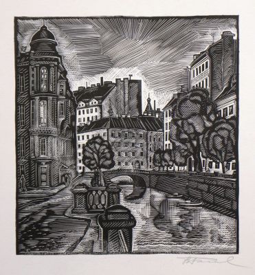 Блинов Валентин. На канале Грибоедова. 1980-е гг. Бумага, линогравюра, 39,5х28,9 см (лист). Рабо 