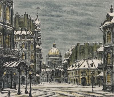 Блинов Валентин. Санкт-Петербург. Сумерки. 1980-е гг. Бумага, цветная литография. 24х28,5 см 