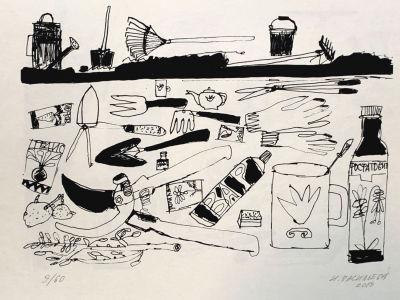 Васильева Ирина. Дачный натюрморт. 2019 г., бумага, шелкография, экз. 9/60, 42х29,7 см. Работа 