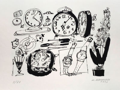 Васильева Ирина. Натюрморт с часами. 2019 г., бумага, шелкография, экз. 9/60, 42х29,7 см. Работа 