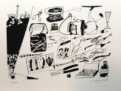 Васильева Ирина. Рыболовный натюрморт. 2019 г., бумага, шелкография, экз. 9/60, 42х29,7 см. Рабо 