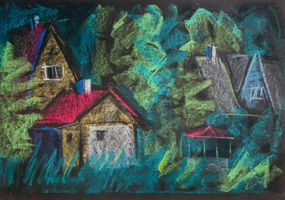 Андрианова Марина. Дачи. 2000-е гг. Бумага черная, пастель, 29,6х42 см. Работа в хорошем 