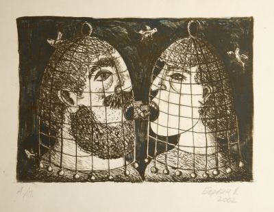 Берлин Лариса. Разговор. 2002 г. Бумага, цв. литография, 34,7х44,8 см. Работа в хорошем 