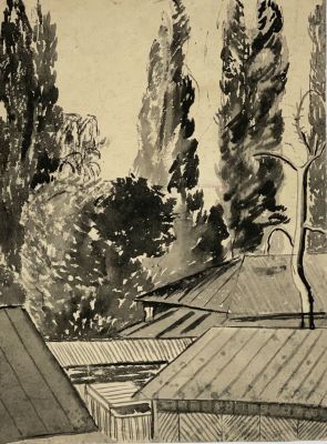 Глебова Татьяна. Алма-Ата. Тополя.
1942-45 гг.
Бумага, тушь, 25,3х19,2 см. В хорошем состоянии. 