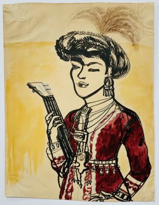 Глебова Татьяна. Эскиз женского костюма к к/ф &laquo;Джамбул&raquo;.
1942 г.
Бумага, акварель, тушь, сепия 