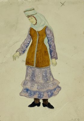 Глебова Татьяна. Эскиз женского костюма к к/ф &laquo;Джамбул&raquo;.
1942 г.
Бумага, акварель, 20,2х14,3 см. 
