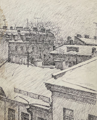 Астапов Иван. Первый снег.
1951 г.,
Картон, тушь, перо, 43х34,5 см. В хорошем состоянии. 