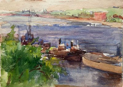 Белаковская Виктория Марковна (1901-1965). Буксиры на Малой Неве. 1940-50-е гг. Бумага 