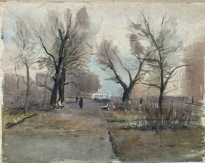 Шапаников Михаил Евгеньевич (1939-2018). Ленинград. Белый автобус. 1960-е гг. Бумага, акварель 