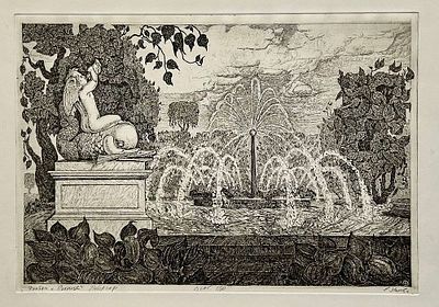 Звонова Светлана Анатольевна (1952). Фонтан &laquo;Солнце&raquo;. Петергоф. 1987 г. Бумага, цветной офорт 