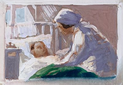 Неизвестный художник. Без названия (В палате). 1940-е гг. Макет к открытке Воениздат (?). 