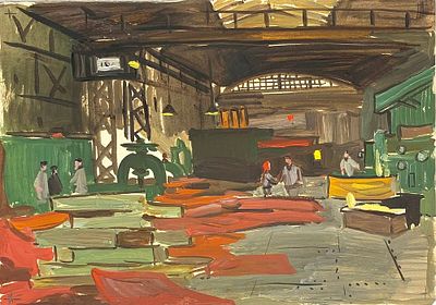 Никифорова. В цеху. 1950-е гг. Бумага, масло, смешанная техника. 29,5х42 см. Работа в хорошем 