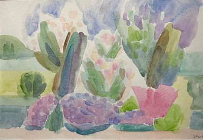 Зеелова Анастасия Евгеньевна. Цветущие рододендроны. 2022 г. Бумага, акварель, 29х41 см. Работа 