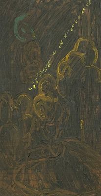 Устюгов Геннадий Афанасьевич (1937). Ночь перед Рождеством. 2004 г. Оргалит, масло. 43х23 см. Ра 