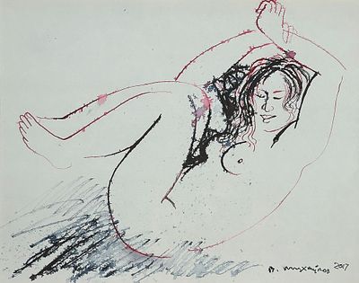 Михайлов Вячеслав Саввич (1945). Лежащая обнаженная. 2017 г. Бумага, цветные чернила, авторская 