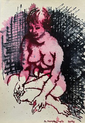 Михайлов Вячеслав Саввич (1945). Сидящая обнаженная. 2020 г. Бумага, цветные чернила, авторская 