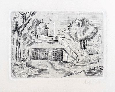 Юдин Лев Александрович (1903—1941). Лодочная станция. 1930-е гг. Бумага, резцовая гравюра, 21 