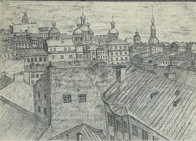 Вальран (Козиев Валерий Николаевич) (1949). Крыши с Никольским. 1978 г. Бумага, карандаш, 31х43 