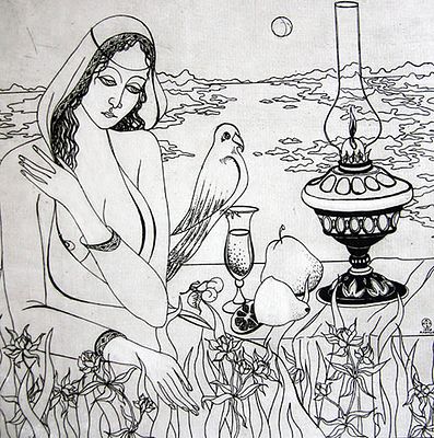 Алена (Валентина Сергеева), (1954-2024). У старой лампы. 1978 г. Бумага, офорт, 24х24 см. Из 