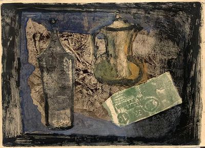 Левитин Валентин Исаакович (1931). Натюрморт с кувшинами и десятирублевой банкнотой. 1968 г. 