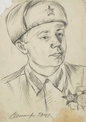 Семенов А.Н. Голова фронтовика. 1943 г. Бумага, карандаш. 20,5х14,5 см. Работа в хорошем 