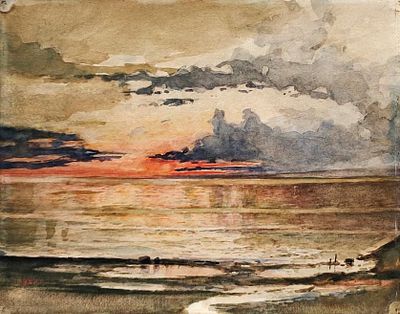 И.М.С. Закат на море. 1-я половина ХХ в. Бумага на картоне, акварель, 19,4х24,4 см. Работа в 
