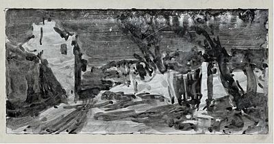 Рутковский Николай Христофорович (1892– 1968). Пейзаж во время войны. Бумага, тушь, 12х25 см. Ра 