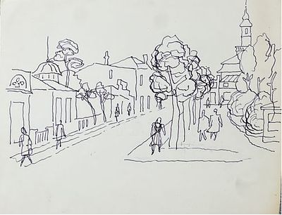 Титов Юрий Михайлович (1900-1971). Майори - улица. 1950 г. Бумага, тушь. 21х26 см. Работа в 