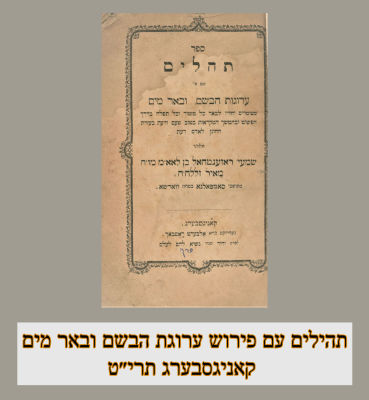 נדיר: תהילים עם פירוש ערוגת הבשם ובאר מים קאניגסבערג תרי״ט 
תהילים עם פירוש ערוגת הבשם ובאר מים 