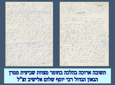 תשובה ארוכה בהלכה בחומר מצוות שביעית ממרן הגאון הגדול רבי יוסף שלום אלישיב זצ"ל 
תוכן: תשובה 