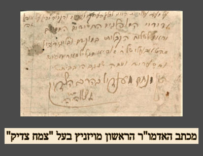 מכתב האדמו"ר הראשון מויזניץ בעל "צמח צדיק" 
מכתב בחתימת ידו של האדמו"ר הרה״ק רבי מנחם מנדל 