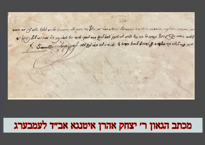 מכתב הגאון ר׳ יצחק אהרן איטנגא אב״ד לעמבערג 
מכתב בכתב ידו וחתימותו של הגאון המופלא ר׳ יצחק 