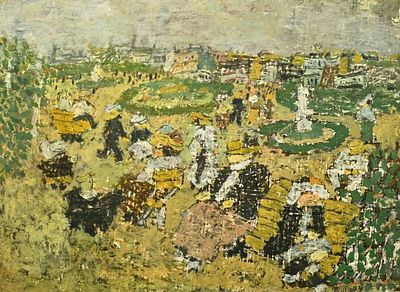 ** Jean Pougny 1894-1956 (Russian, French) Figures in the garden oil on canvasboard 38x48 cm