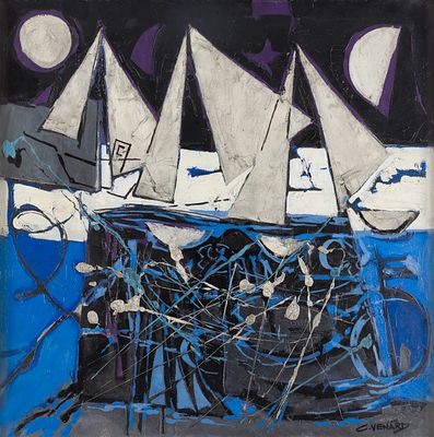 ** Claude Venard 1913-1999 (French) White sails and nets oil on canvas 100x100 cm signed lower