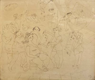 ** Jules Pascin 1885-1930 (Bulgarian, French) Crowd scene pen and ink on paper 39x46 cm signed