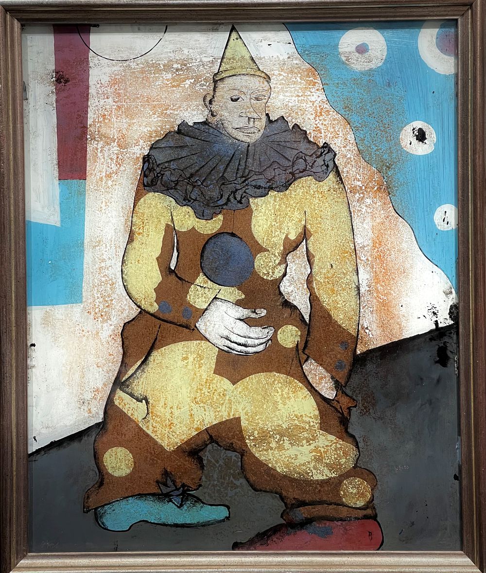 Floris Jesper 
1889-1965 (Belgian) 
Clown 
eglomise 
55x45 cm 
signed lower left 
Provenance: 