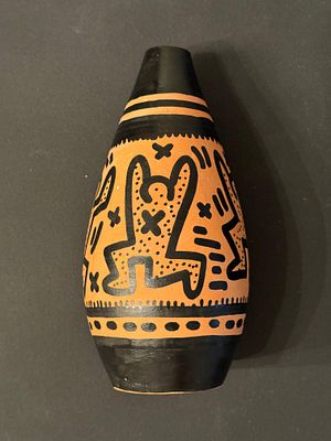 ** Keith Haring 1958-1990 (American) Figures, 1988 black ink drawing on a terracotta pot