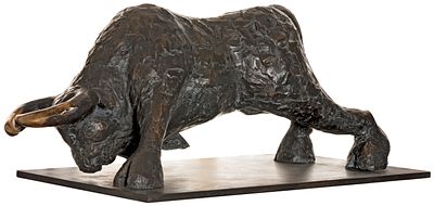 ** Nouna - ** Nouna b.1958 (French) Taureau bronze sculpture 25x60x28 cm signed and numbered '2/3'