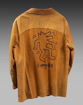 Keith Haring - Keith Haring 1958-1990 (American) Suede jacket with a drawing on the back (drawn by