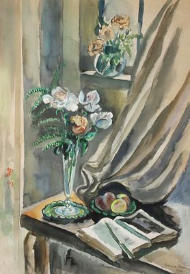 ** David Hermine - ** David Hermine 1886-1971 (French) Still life with vase of flowers and fruits