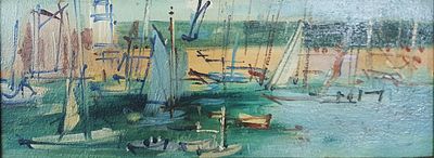 ** Jean Dufy - ** Jean Dufy 1888-1964 (French) Honfleur, East Pier oil on panel 14.50x35.50 cm 