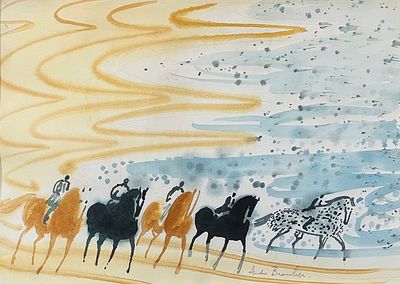 ** Andre Brasilier - ** Andre Brasilier b.1929 (French) Horses galloping in a seascape watercolor 