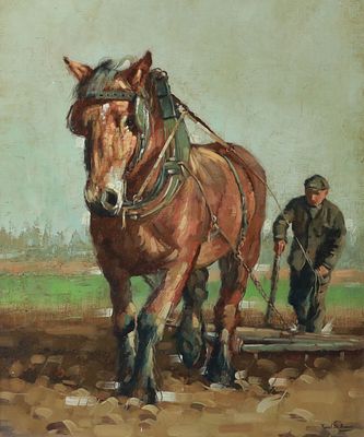 Karl De Bau - Karl De Bau 1909-2002 (German) Plowing oil on canvas 65x50 cm signed lower right 